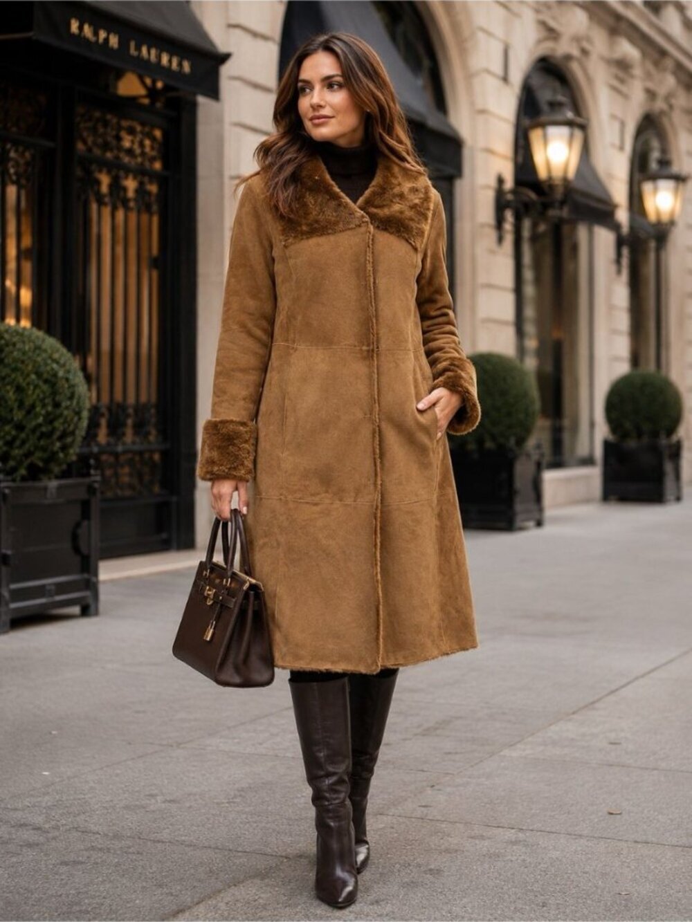 Talbots Long Shearling Coat 100% Lambskin sz 10 Luxury Brown Fur Leather Trench